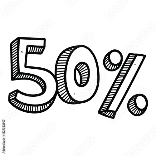 Hand drawn doodle 50 percent discount sale on white background.