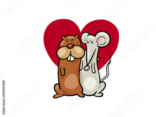 Cartoon Cute Hamster and Mouse Love Heart Background Image