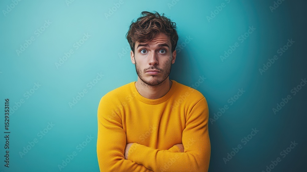 Obraz premium Man in yellow sweater expressing uncertainty against a blue background.