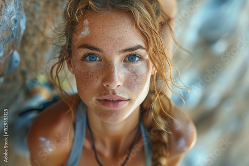 A striking portrait of a female climber with freckles, expressing determination and focus as she ascends a rock face, showcasing the grit and passion for adventure in climbing.