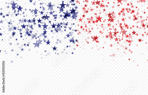 Red and Blue stars confetti background. Glittering confetti on a transparent background. independence day