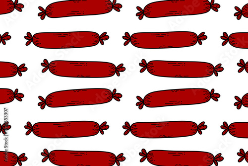 Seamless repeating pattern of hand-drawn red sausages on a white background. Fun and quirky food-themed design suitable for packaging, fabric, kitchen wallpaper, wrapping paper, and culinary projects.