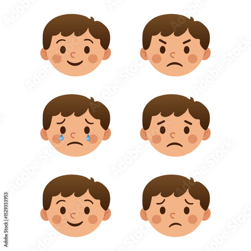 Set of children's emotional faces  cartoon boy facial expression icons. Vector illustration