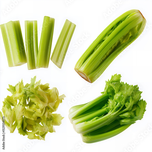 Fresh Celery Stalks and Slices Isolated on White Background