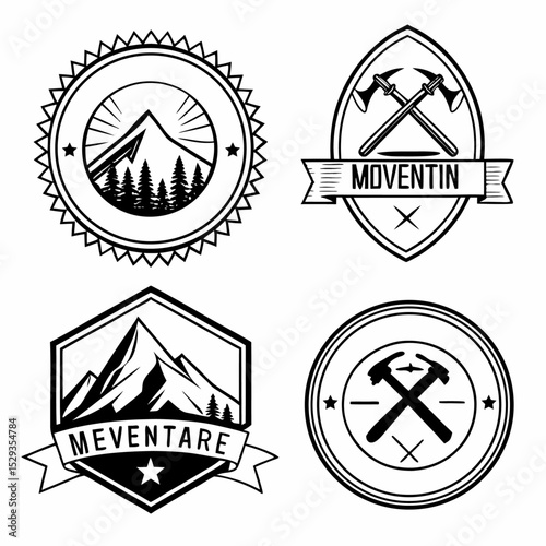 Vintage Mountain and Tools Badge Set Adventure, Hiking, Outdoor Emblem Collection