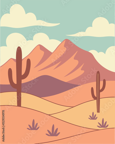 Desert landscape illustration with cacti and mountains under a cloudy sky