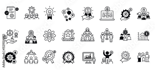 Set of line icons related to career development, leadership, motivation, business success, personal performance, human resources, and goal management.