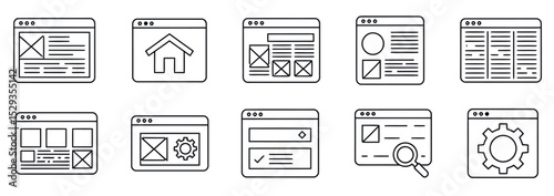 Minimalistic icons depicting webpage templates, browser layouts, gear settings, and search windows. Represents the structural and visual aspects of designing websites. Concept: user interface design a