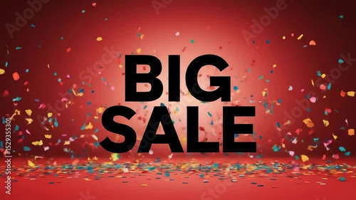 Big sale sign and flying confetti on red background. Shopping promo campaign advertising and consumerism motion graphics footage.