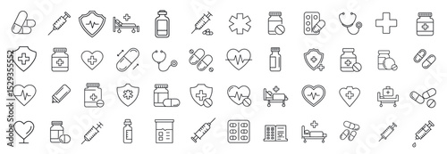 Medical and healthcare icons showing pills, syringes, bottles, hearts, shields and hospital items. Concept of treatment, protection and patient care.