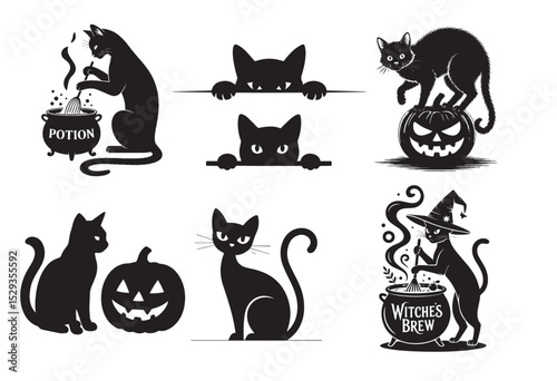 black silhouette of a classic cat with a plain white background. Halloween theme, black cat,  skeleton, Halloween cat, simple and iconic design.