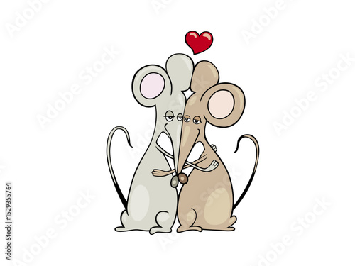 Two adorable mice in a loving embrace with a heart above their heads symbolizing romance and affection