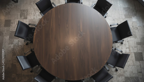 High angle view of empty conference room with round table and black chairs