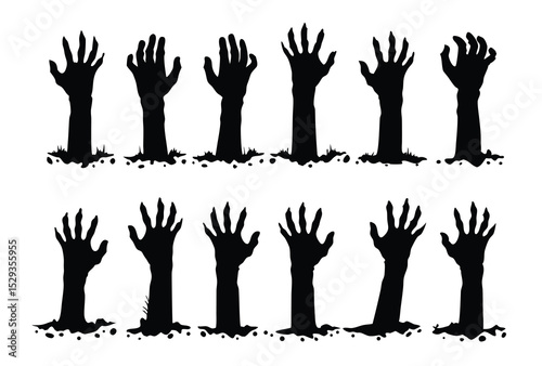 Silhouettes of zombie hands rising from the ground, arranged in two rows. zombie, halloween, zombie hands, hand, Horror-themed
