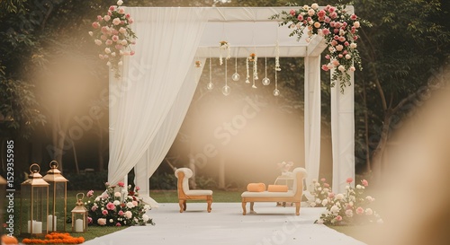 Wallpaper Mural Elegant Outdoor Wedding Ceremony Setup Dreamy White Mandap with Floral Decor and Hanging Lights Torontodigital.ca