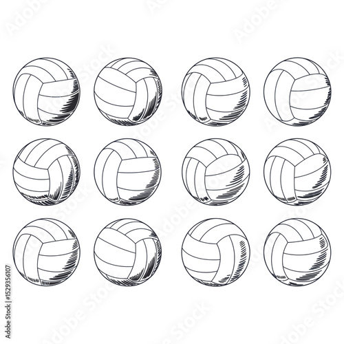 Vector silhouette of volleyballs with detailed seam lines from various angles