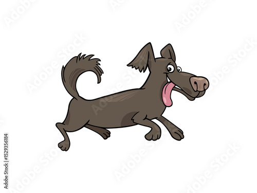 A happy dog with its tongue out running fast in the grass