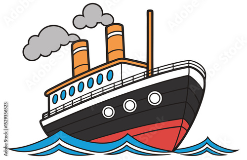 Cartoon Ocean Steamboat Illustration – Front View Ship Vector with Smoke and Waves