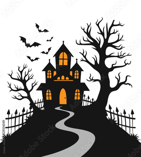 Halloween haunted house silhouette, ghost house, Halloween, house, night, moon, castle, haunted, bat, silhouette, house silhouette
