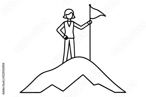 businesswoman standing on the top of mountain peak holding flag like conqueror