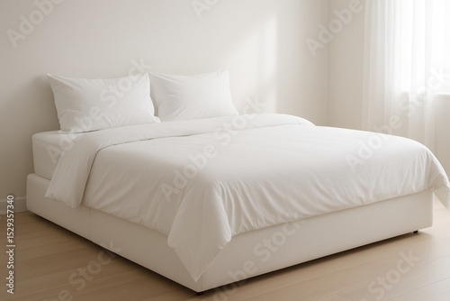 Minimalist Comfort Pristine White King Size Bed with Fluffy Pillows and Duvet in a Bright Airy Bedroom Corner