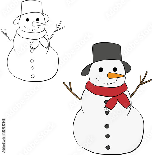 Snowman isolated on transparent background. Vector graphic line ink illustration. Banner, poster, sticker, print, modern textile design. Coloring Sheet for Stress Relief and Relaxation