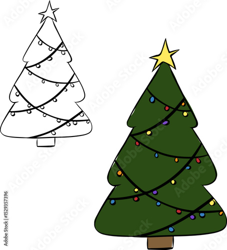 Christmas tree with lights isolated on transparent background. Vector graphic line ink illustration. Banner, poster, wrapping paper, sticker, print, modern textile design.
