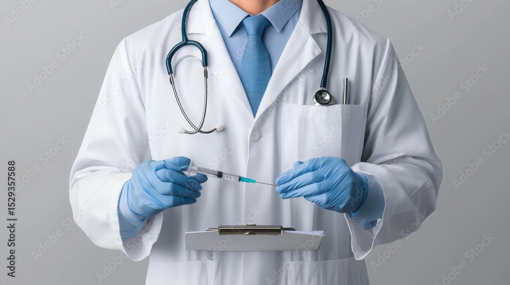 Doctor in white lab coat holds syringe and clipboard, ready for medical procedure Doctor in white lab coat holds syringe and clipboard, ready for medical procedure
