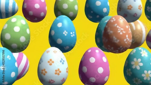 Colorful decorated Easter eggs with various patterns floating and rotating on a yellow background, festive holiday concept animation.