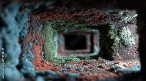 Moss and lichen growing on rusty metal surface with tunnel like perspective showing texture and decay in natural colors