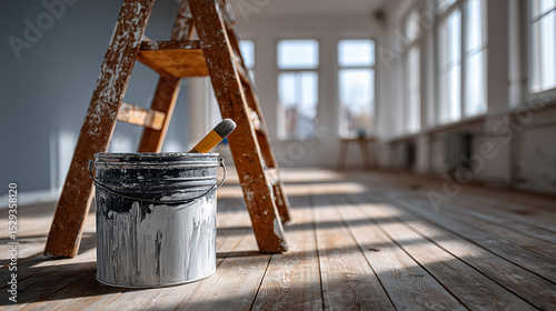 Paint bucket with brush and wooden ladder in bright room with wooden floor and large windows, creating calm and focused atmosphere for home renovation or painting work