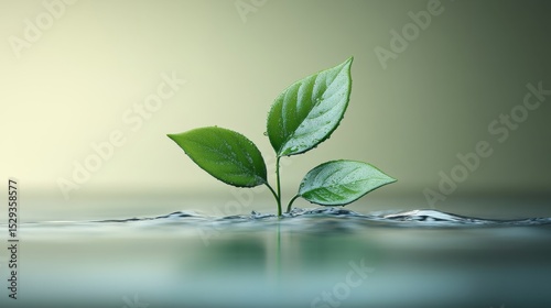 Green Leaf Sprouting from Water with Soft Light in Background