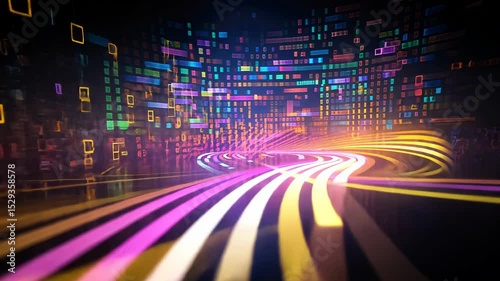 Futuristic neon cityscape with vibrant light trails and digital grid interaction. Big data visualization