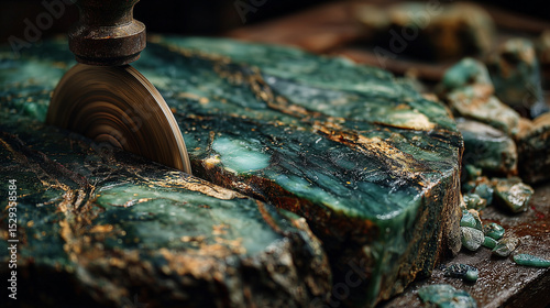 Green stone cutting gemstone polishing lapidary mineral rock tool workshop craft rough stone turquoise jade cutting wheel abrasive close up texture natural raw shiny industrial handmade equipment