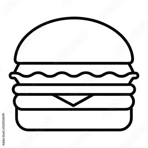 A classic burger icon rendered in a clean, thin line art style. This minimalist vector is perfect for fast-food branding, restaurant menus, and app interfaces. The simple, bold outline is instantly re