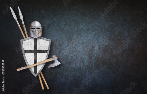 knight's helmet axe shield and two spears on grunge background