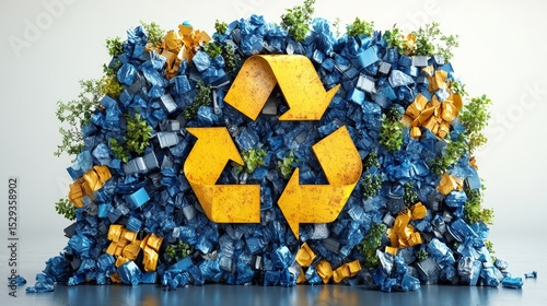 Vibrant Recycling Symbol Surrounded by Colorful Crumpled Waste and Greenery