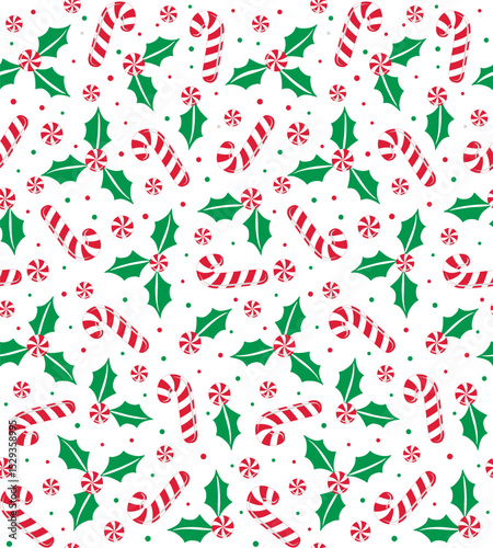Seamless Christmas Candy Cane With Holly Leaves Pattern For Paper Gift Wrap And Fabric Print