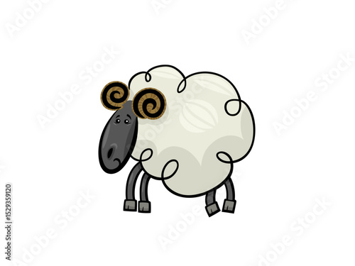 A Fluffy Cartoon Sheep with Curly Horns and a Somber Expression Standing on Four Legs