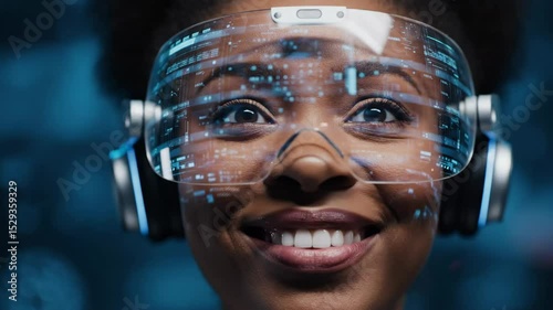 Young african american woman closes her eyes using modern virtual reality headset. Future digital technology concept. VR footage.