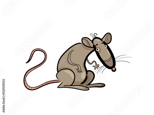 A funny cartoon rat sitting and looking to the side with its long tail curled up