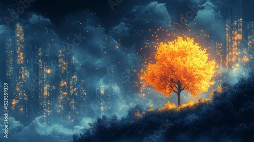 Bright Autumn Tree Against Cloudy Skyline with Urban Lights and Shadows