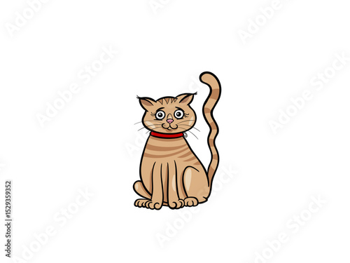 A cute cartoon tabby cat sits patiently wearing a red collar and looking forward with a curious expression