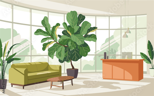 A large green plant sits in the corner of a room with a couch and a coffee table. The room is bright and airy, with large windows letting in plenty of natural light