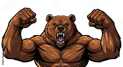 Cartoon Muscular Brown Bear Roaring with Fists Raised