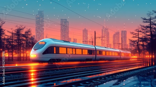 Modern Train in Futuristic City at Night with Stars and Bright Lights