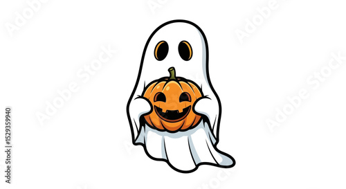 Friendly Ghost Holding a Carved Halloween Pumpkin Illustration