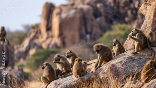 A large troop of monkeys resting on rocks in a natural African setting, showcasing their social behavior and lively group dynamics.


