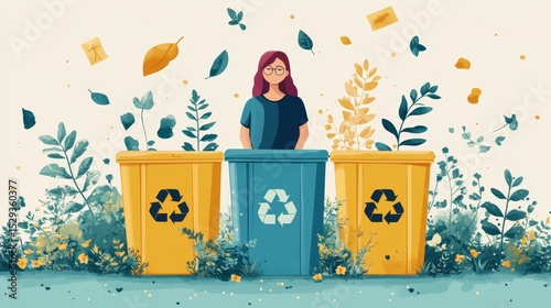 Young Woman Recycling Waste in Colorful Bins Surrounded by Nature Elements