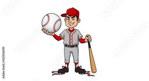 Cartoon Baseball Player Holding Ball and Bat, Smiling Confidently